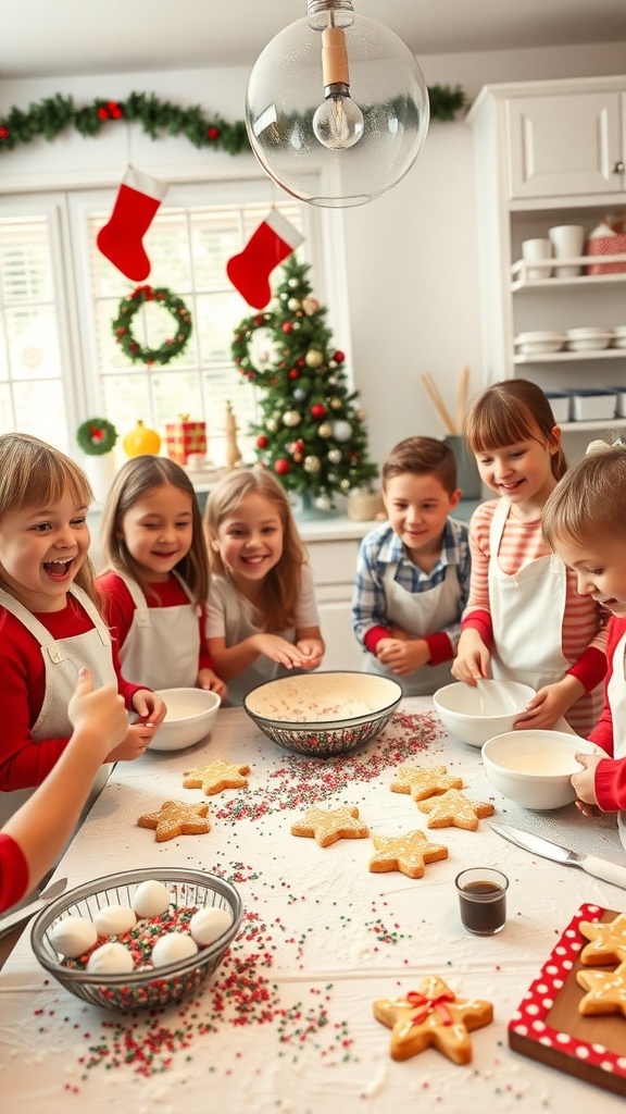 Children baking Christmas cookies and cupcakes in a festive kitchen.